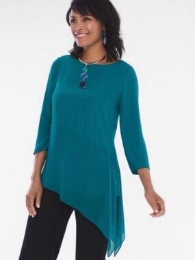 Chico's Teal Draped One-Shoulder Chiffon Top (jewelry not included) 325